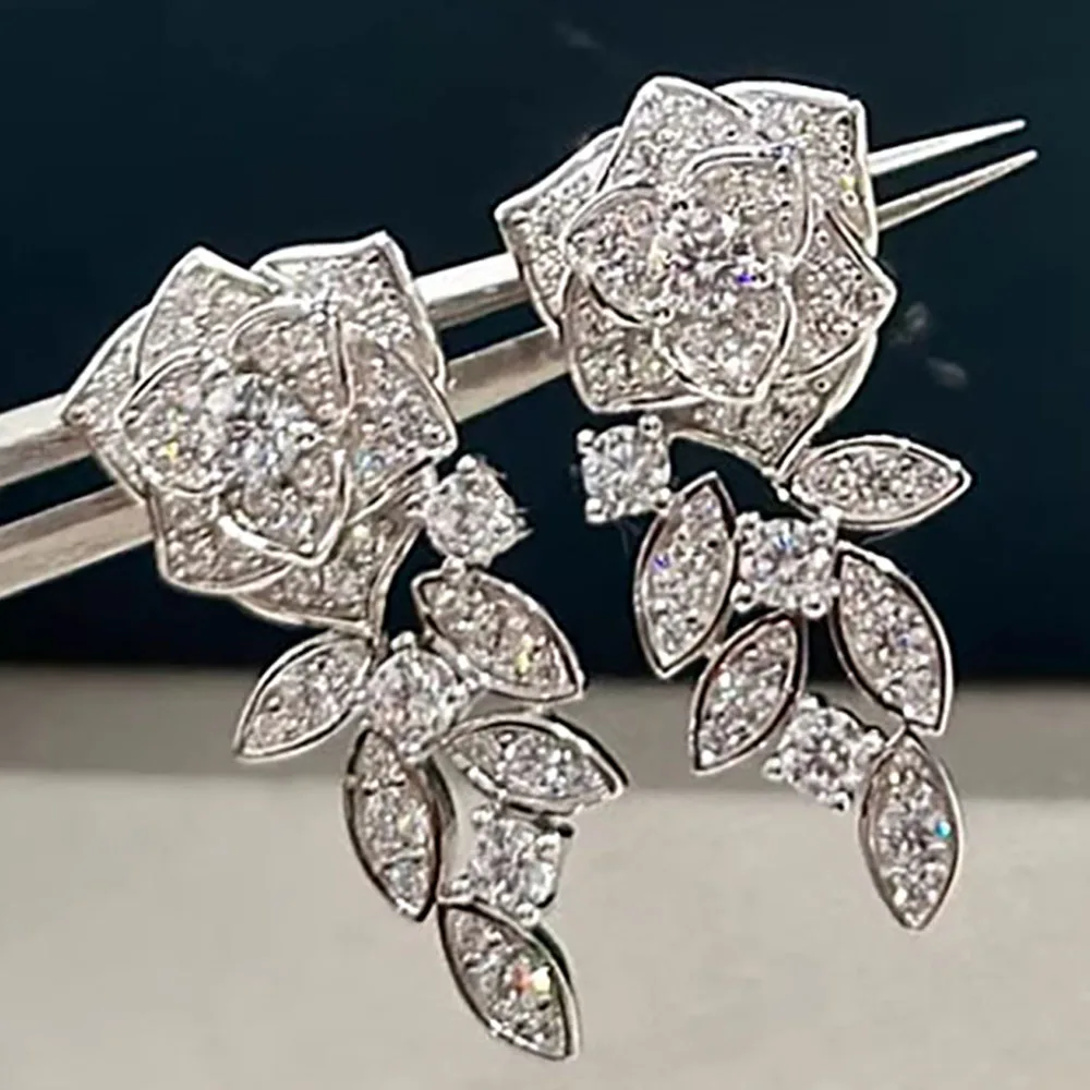 

Custom Solid 14K White Gold Women Stud Earrings Flower Wedding Anniversary Engagement Party Moissanite Diamond Drop Earrings