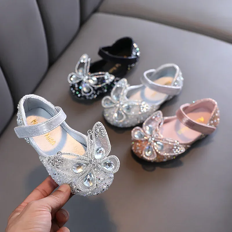 Nový móda dívčí ploché boty flitry drahokamu kněžna s butterfly-knot představení tančit boty studenti sandály