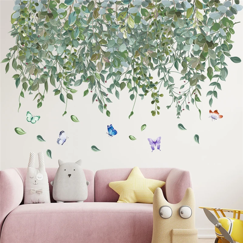 

Наклейки на стену с зелеными листьями дерева и бабочками для магазина, офиса, студии, украшение для дома, самодельные растения, роспись, искусство, наклейки из ПВХ
