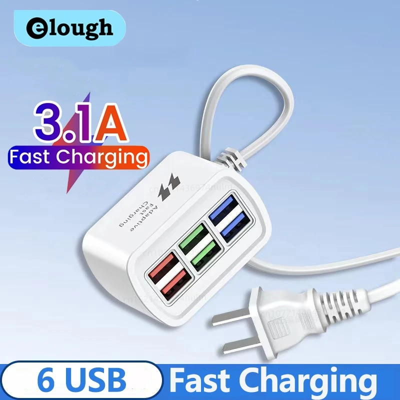 Multipresa con 6 Porte USB, Caricatore Universale Rapido, Adattatore EU/US, Cavo di Prolunga per Presa Elettrica da Tavolo