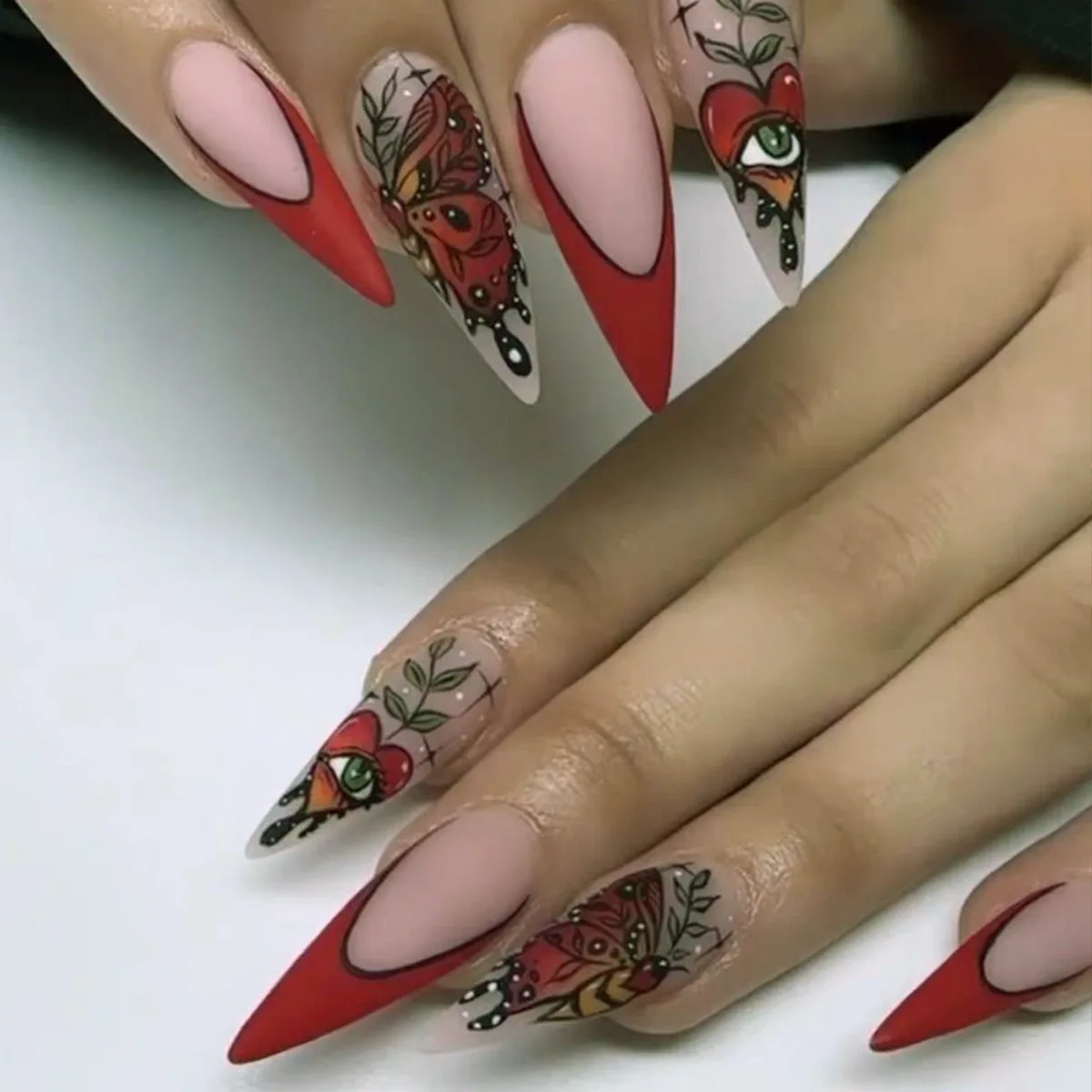 Lange Stiletto 24 Stuks Kunstnagels Amandel Nep Nagels Rode Franse Vlinder Patroon Ontwerpen Druk op Nagels Spike Re_voghion.com