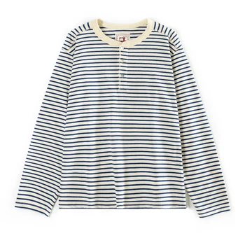 Classic American Retro Blue and White Sea Soul T-shirt Heavy duty All Cotton Striped Men Henry Collar Casual Long Sleeve T-shirt 1