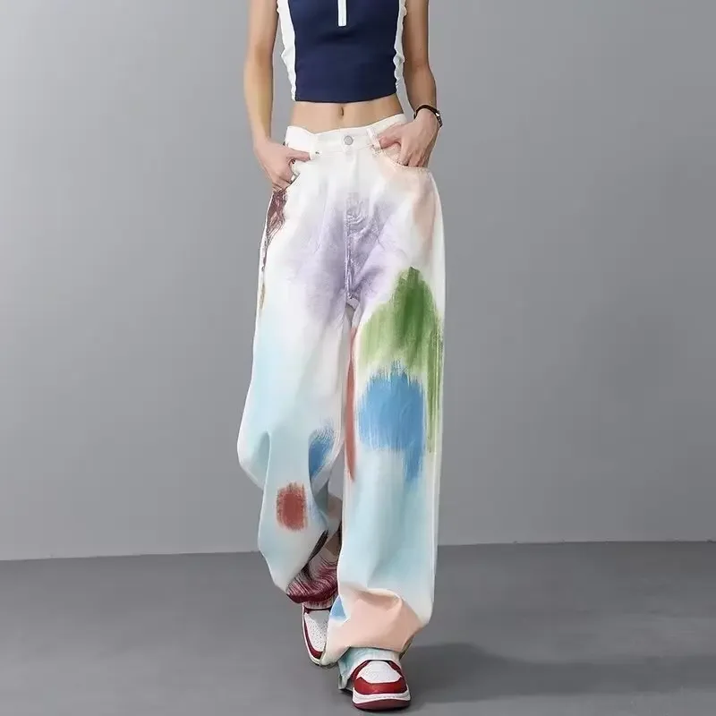 2024 Spring Summer Cool Colored Paint Casual Jeans Women Graffiti Pants Casual Korean Style New Loose Straight Leg Pants Y2k personalized colored perforated white jeans for women s summer new high waist loose slim straight leg versatile wide leg pants