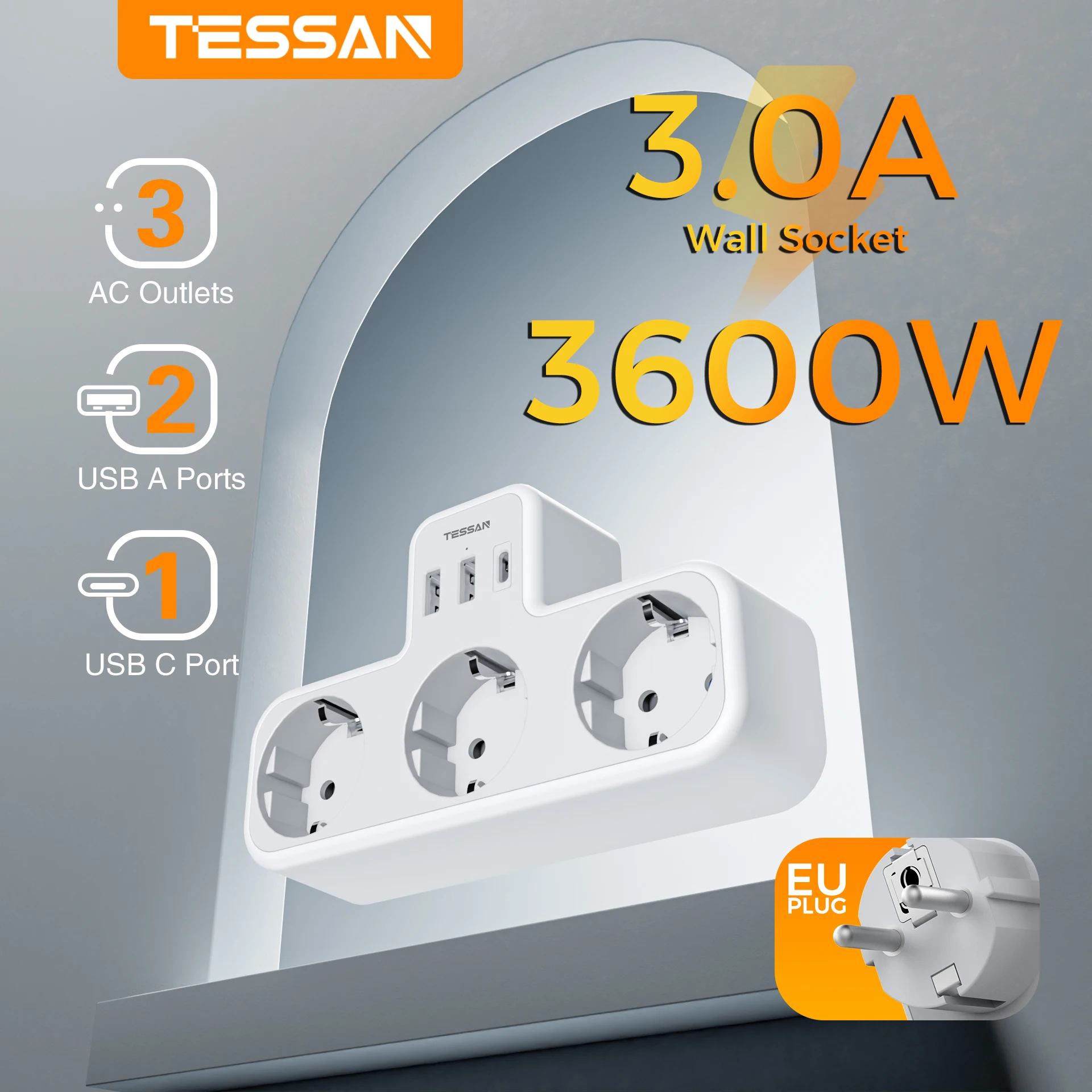 6 in 1 Plug Adapter with 3 Schuko Sockets 2 USB-A 1 Type C Port for Home