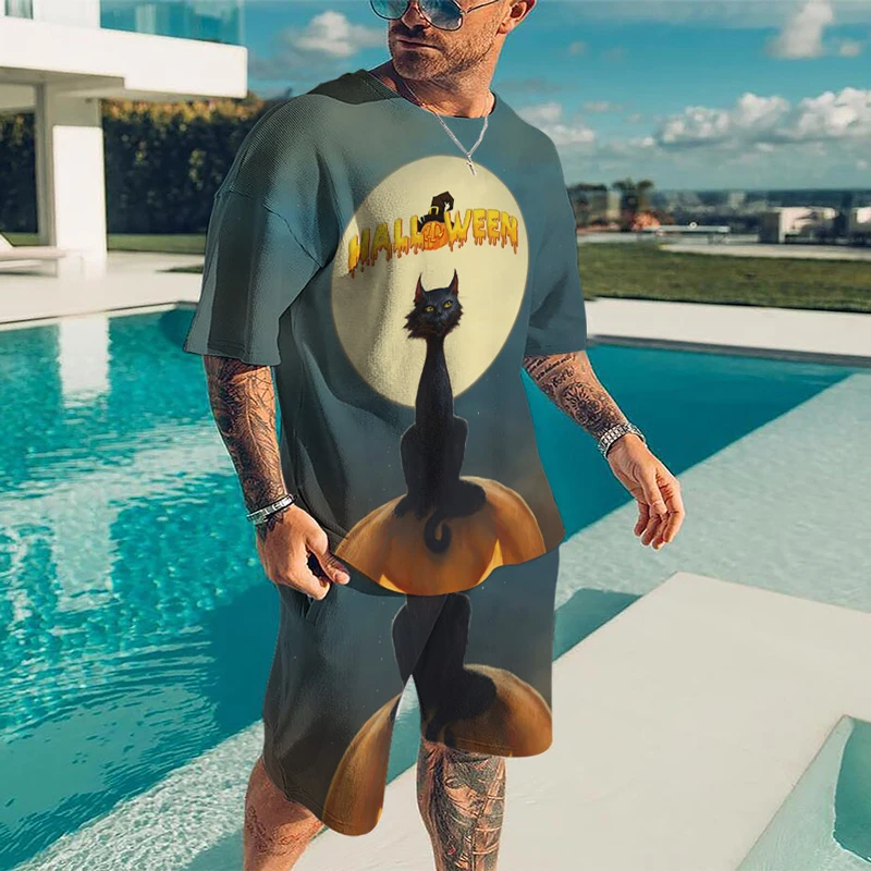 Fashion Men's Round Neck T-shirt Set Halloween Pumpkin Lantern 3D Print T-shirt Shorts Set Unisex Casual Sports Short Sleeve Set