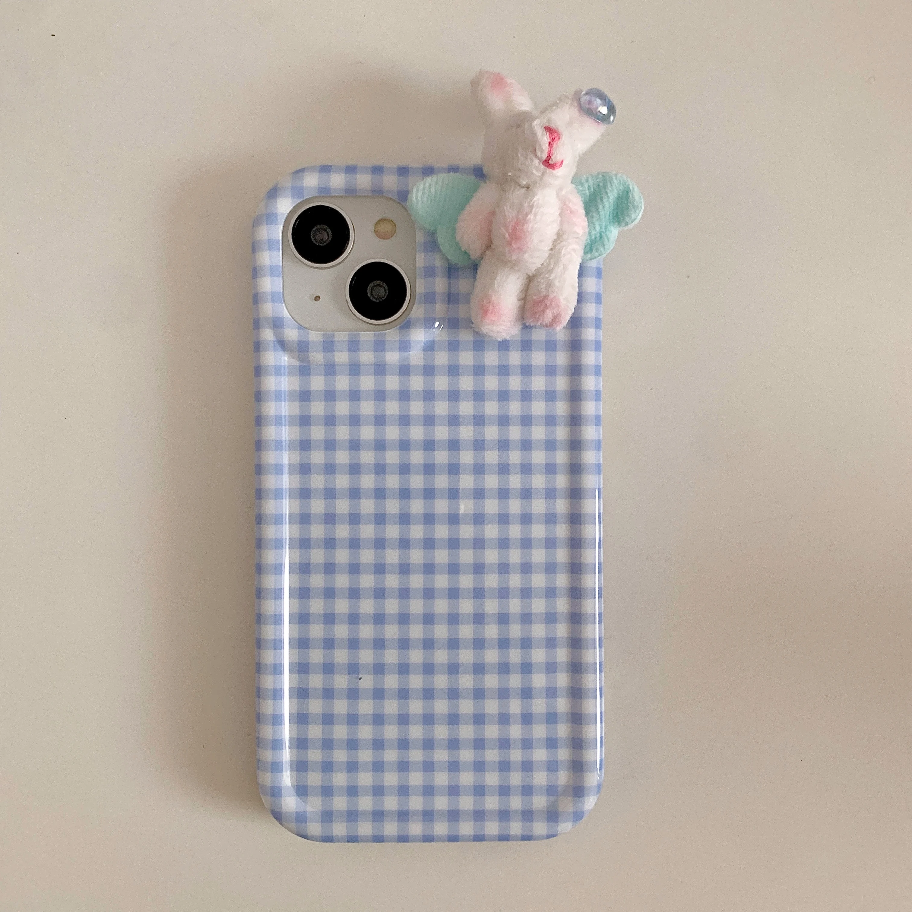 Korean INS Cute Cartoon Furry Wing Bear Check Case for iPhone 15 14 13 Pro Max 12 Pro Plus 11 Shockproof Soft Silicone IMD Cover