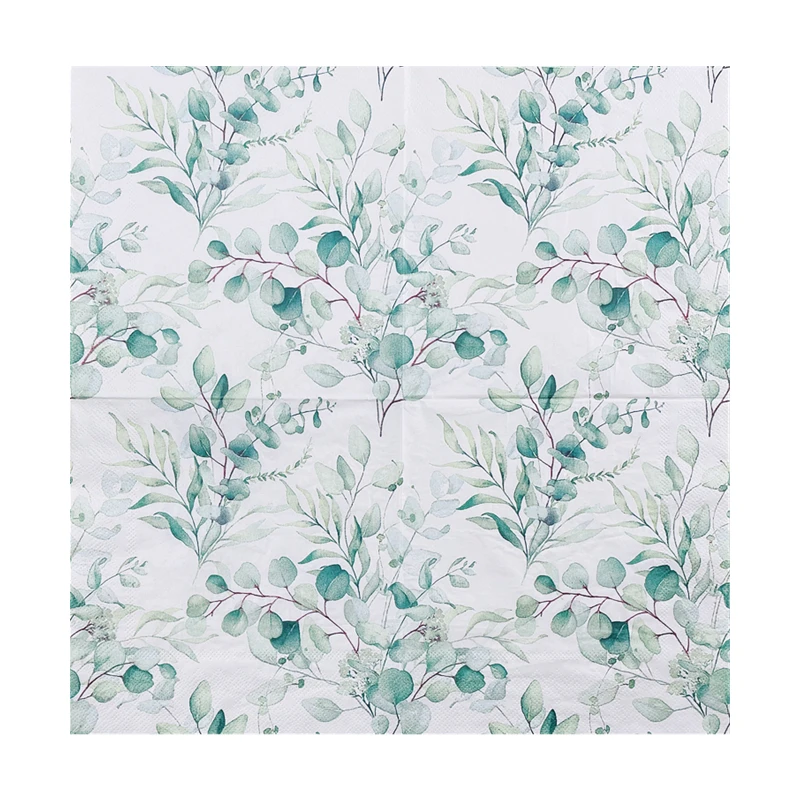 Printed Napkins Hotel Restaurant Table Decoration Wine Glass Flower Paper Mori Fresh Green Leaves Colourful Paper Napkins 20pcs