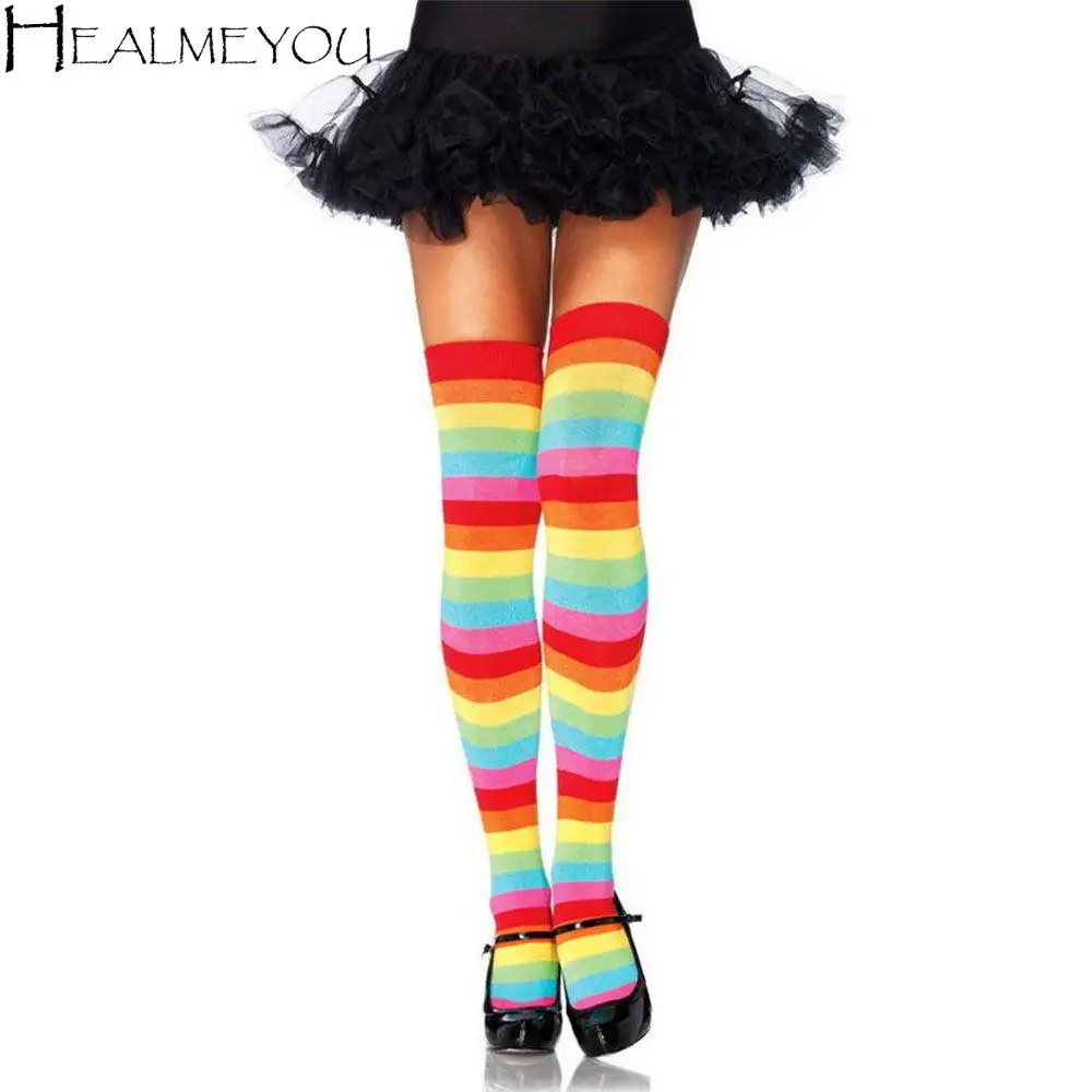 

Fashion Polyester Cotton for Lady Girl Socks High Tights Rainbow Colorful Stockings Long Stockings Women Stripey Stockings