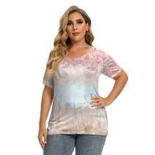 

Vintage Floral Casual T-Shirts Summer Short Sleeve V-Neck Print Pullover Tops Women Cotton T-Shirts Size S-5XL Female Streetwear