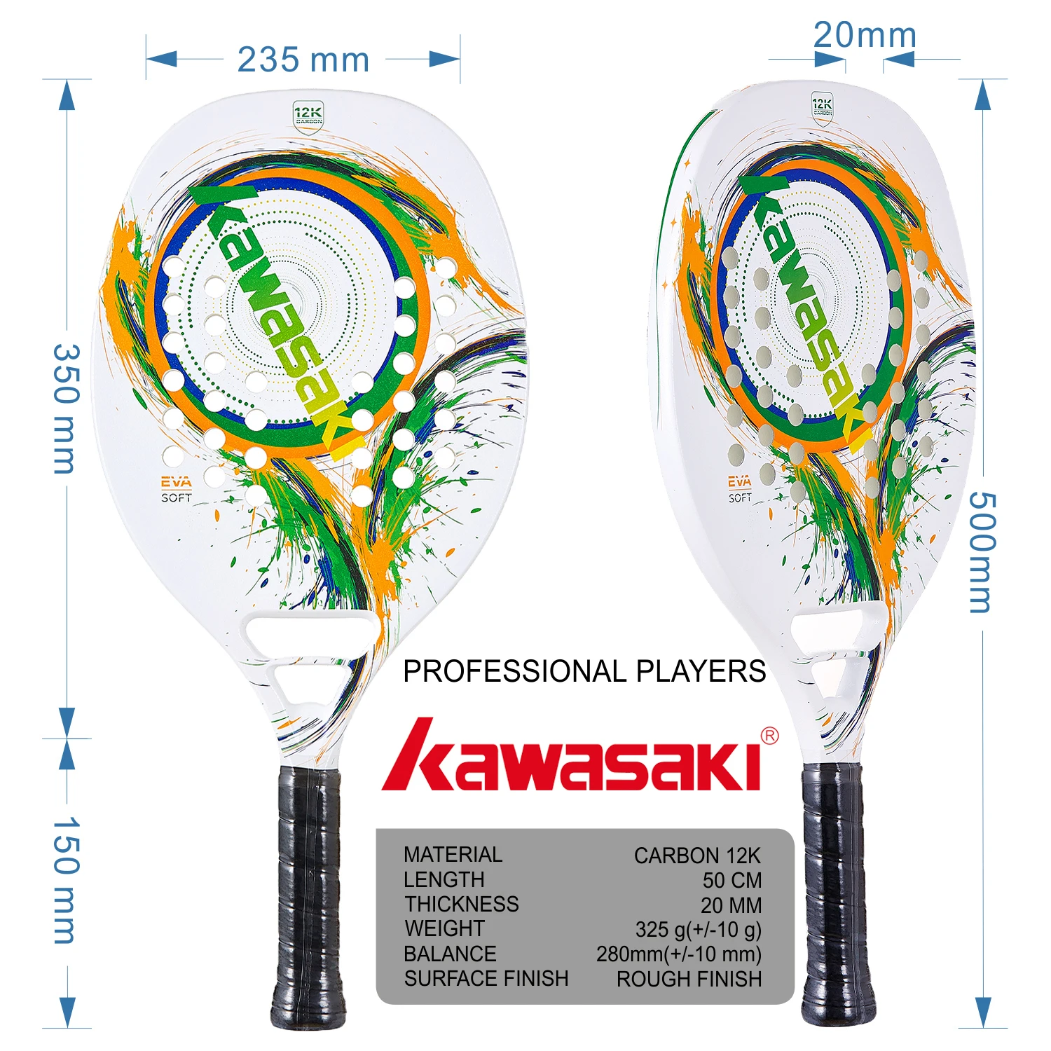 Kawasaki 12K Beach Tennis Racket Carbon Fiber Soft Face Tennis Paddle Racquet with Protective Bag Cover H6