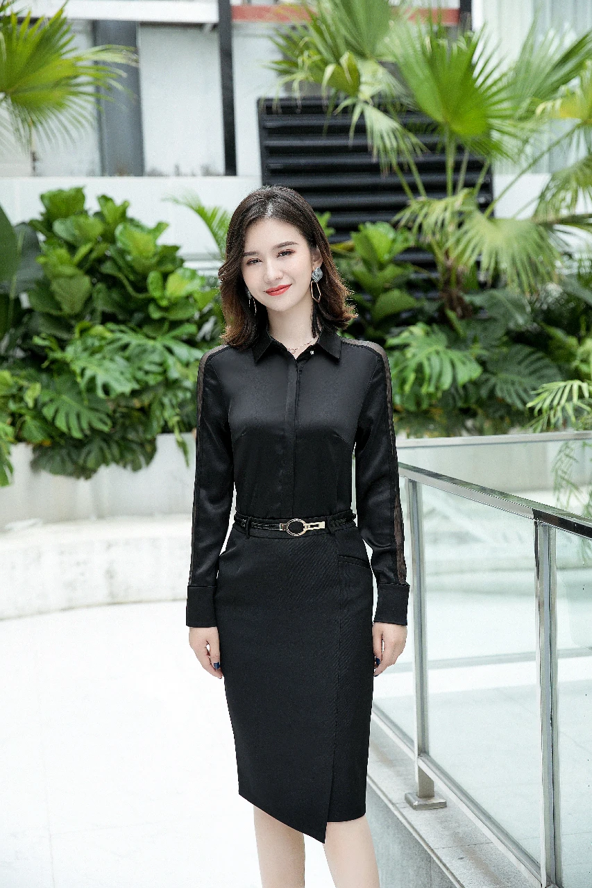 Fashion Professional Women's new spring and summer high-quality long-sleeved shirt simple atmosphere french high end temperament celebrity goddess early autumn lace up acetate suit dress high class sense of atmosphere long skirt