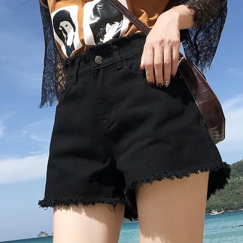 Women’s High-Waist Wide-Leg Denim Shorts – Spring Summer Fashion with Tassels, Casual Black Jeans for Girls Beachwear Shorts & T-shirts