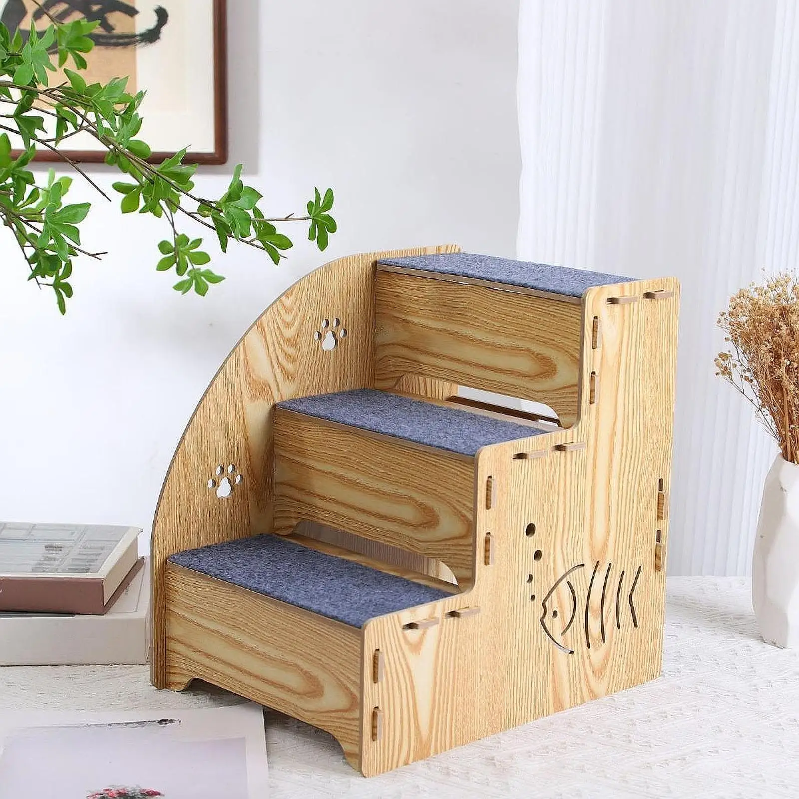 Wood Dog Stair Ladder 3 Steps Nonslip Supplies Dog Climbing Ladder Cat Stairs Pet Stairs Steps for Older Cats Indoor Car Bed