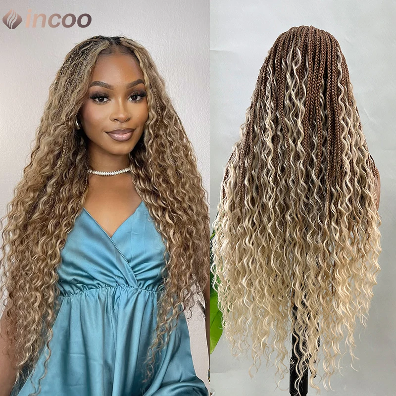 Synthetic 32" Bohemian Full Lace Braided Wigs 613 Blonde Box Braids Wigs for Black Women Knotless Braided Wigs with Baby Hair