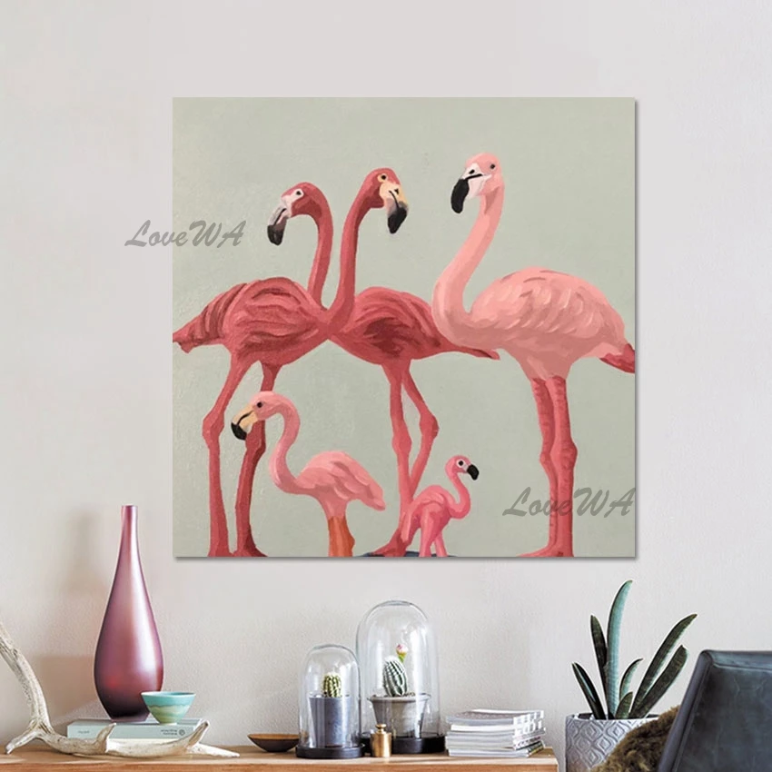

High Quality Abstract Animal Art Canvas Handmade Oil Painting Frameless Latest Arrival Flamingo Decoration Pictures Room Wall