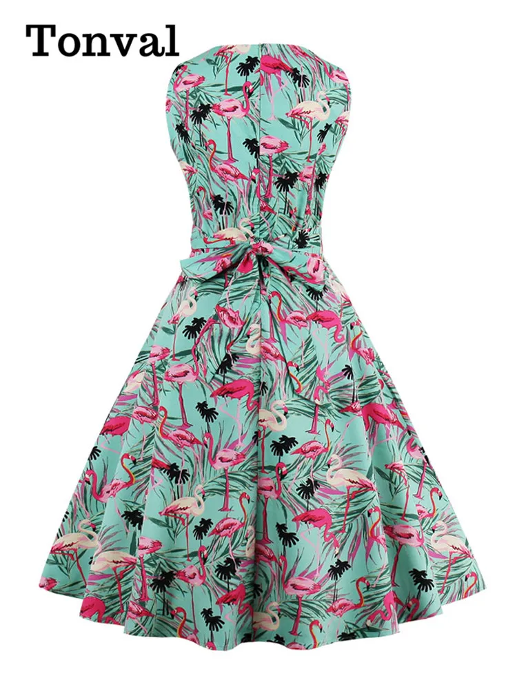 Tonval Flamingo Print High Waist Pinup Retro Dress S to 4XL 95% Cotton Women O-Neck Sleeveless Summer 50s Vintage Dresses