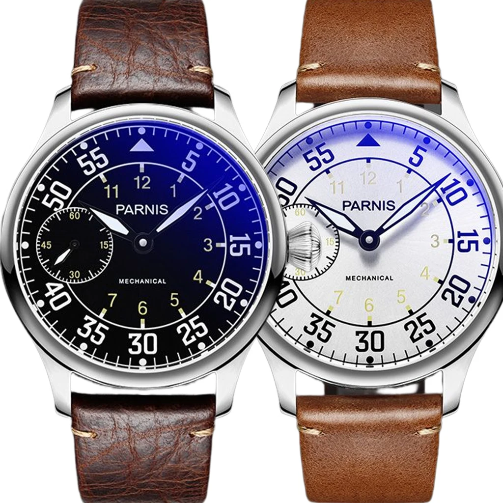 

Parnis 44mm Hand Winding Men's Watches ST3600 Movement Mechanical Wristwatch For Men Leather Strap Man Clock
