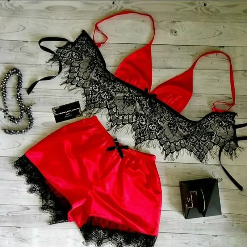 Women Pajamas Set Underwear Sexy Silk Satin Lingerie Crop Tops Bralette&Panty Sets Soft Wear for Girls Tops Briefs Lace Suit