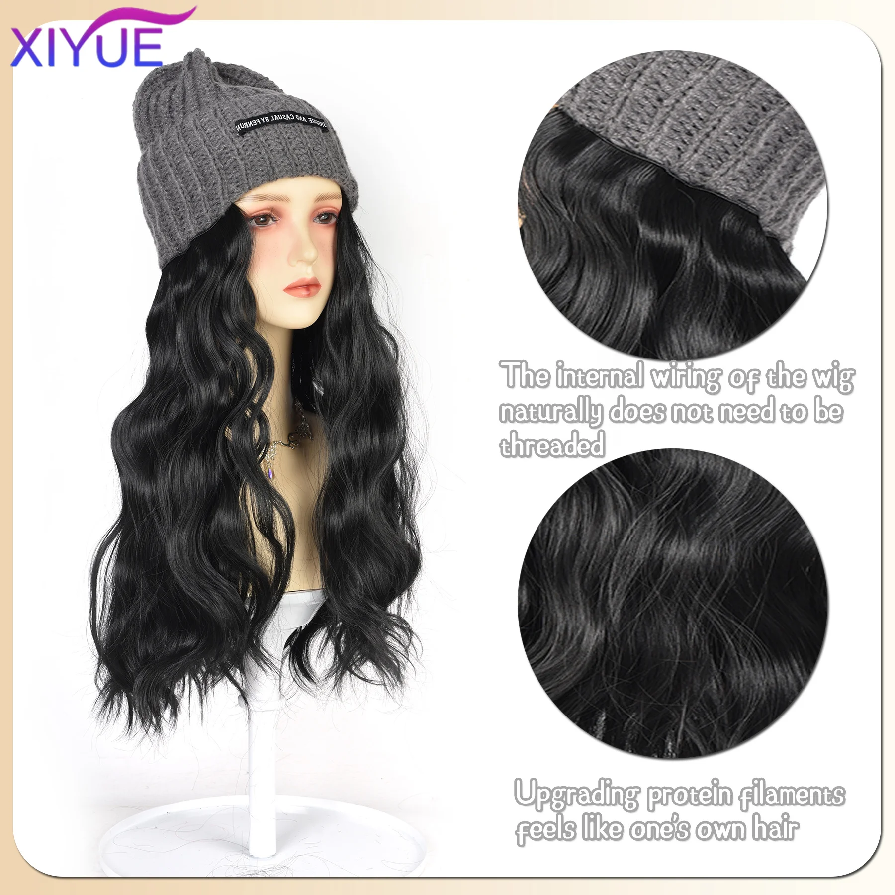 Blonde Unicorn Hat wigs Cap with Hair Hat Wig Brown Body Wavy Wig Connect Synthetic Hair Women Daily Party High Temperature