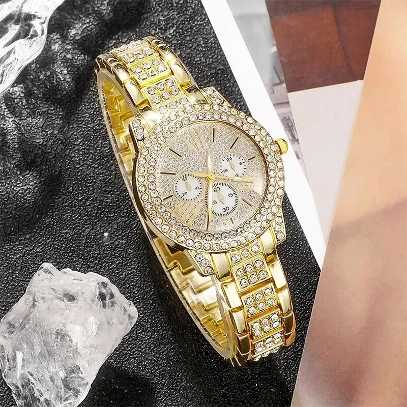 Womens Quartz Watch Gold Luxury Women Ring Necklace Earring Rhinestone Fashion Wristwatch Casual Ladies Watches Jewelry Set