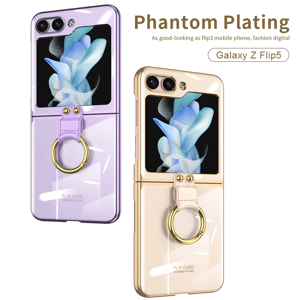 

Чехол для Samsung Galaxy Z Flip 5 Ультратонкий гальванический прозрачный кольцевой кронштейн складной противоударный жесткий чехол Аксессуары