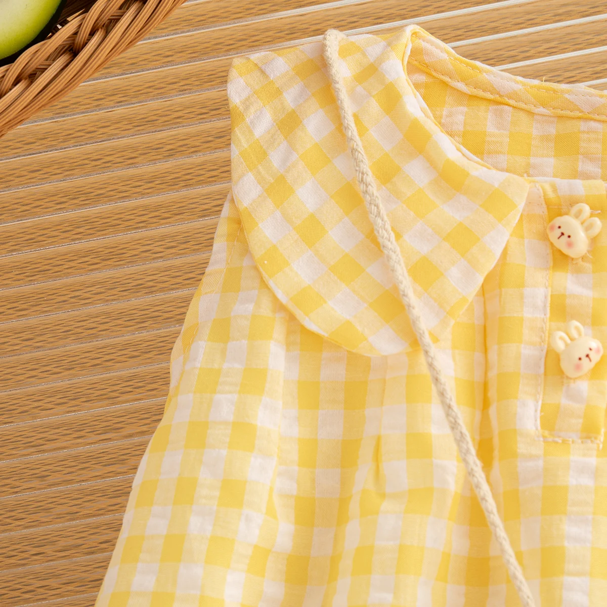 Sommer-Baumwollkleider für Mädchen, süßes Kaninchen-Puppenkragenkleid, grün kariertes Mädchenkleid, senden Sie eine Tasche – Detail 15