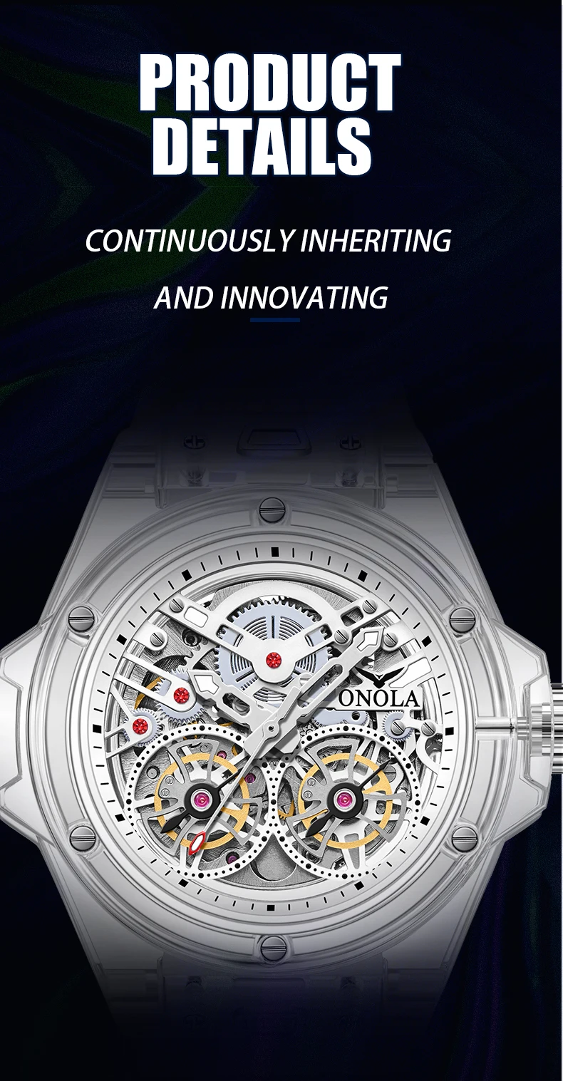 Orologio meccanico da uomo completamente automatico trasparente scavato alla moda Nastro ONOLA Tourbillon impermeabile per orologio da uomo_voghion.com