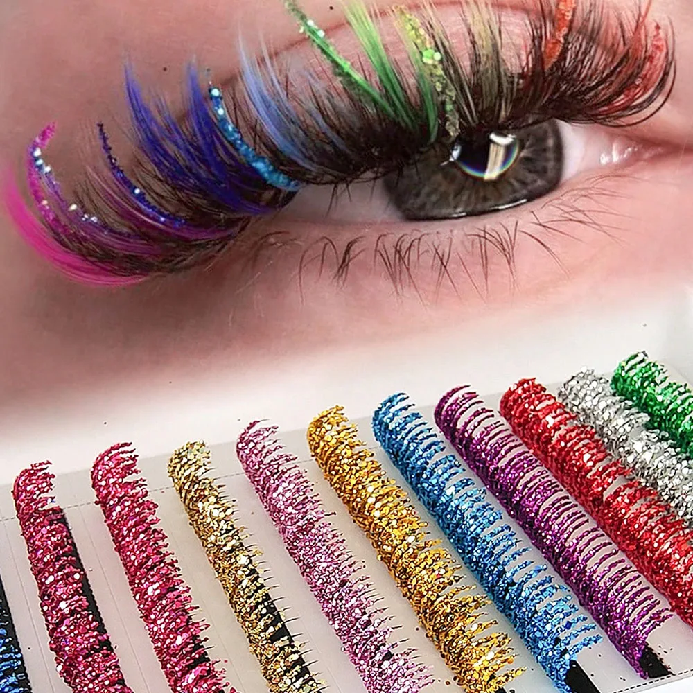 Modische Glitzer-Wimpernverlängerungen, Kristall, bunt, individuelle falsche Wimpern, Mischungsfarben, glänzendes russisches Volumen, professionelle Wimpern