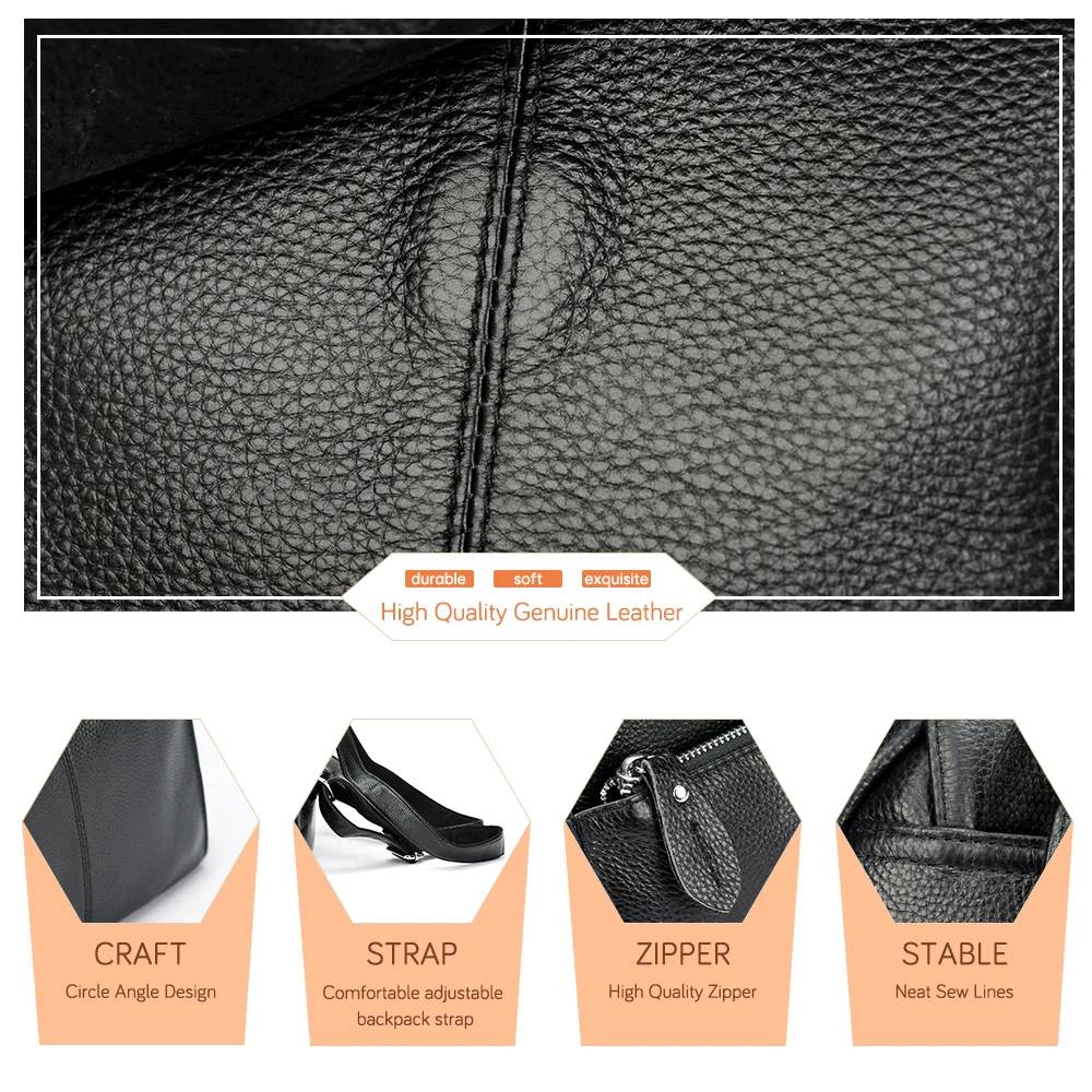 Zency Stylish Black White Genuine Leather Women Backpack A++ Quality Anti-theft Large Capacity Knapsack Travel Designer Rucksack 6