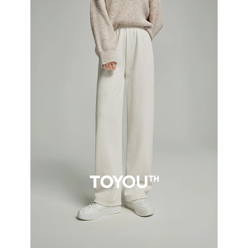 

TOYOUTH Fleece Thicken Sweatpant 2024 Spring New Women Solid Color Drawstring Waist Straight Wide-leg Trousers Comfort Pants