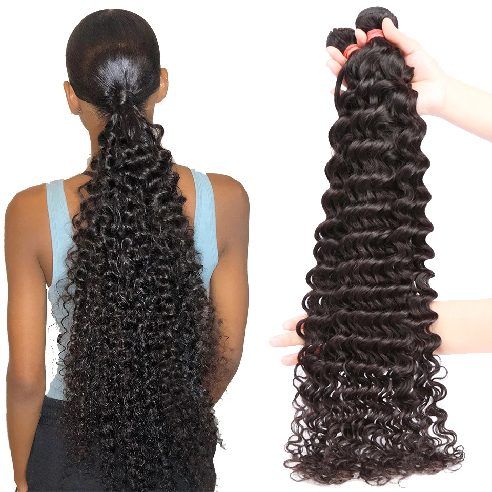 NextFace Deep Curly Brazilian Hair Deep Wave Human Hair Bundles 10A Grade Deep Wave Curly Hair Bundles Thick Hair Weaves Bundles