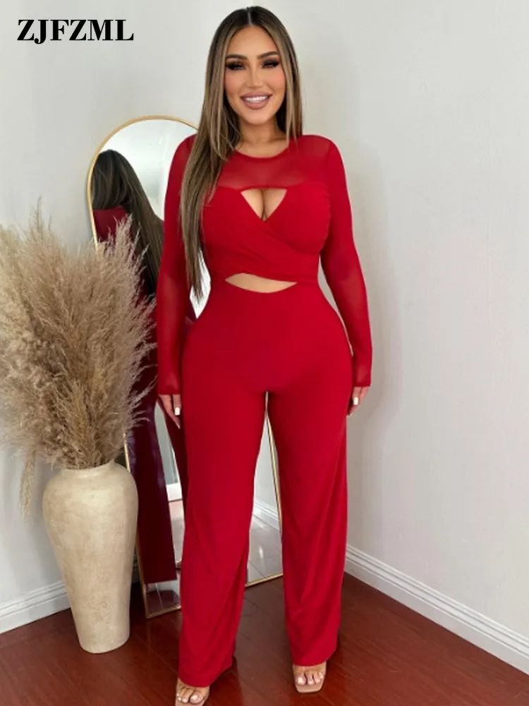 

Sexy Cutout Solid Color Rompers for Female Long Sleeve Round Neck Lounge Jumpsuits Loose Fit Straight Leg Package Hip Overalls