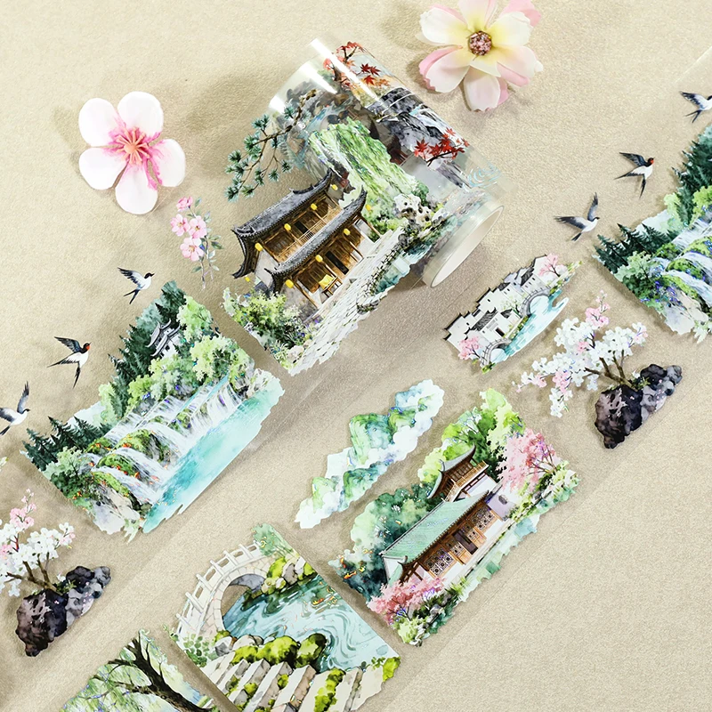 80mm * 200cm 빈티지 마운틴 리버 타워 풍경 PET 테이프 크리 에이 티브 DIY 저널 재료 콜라주 스크랩북 편지지