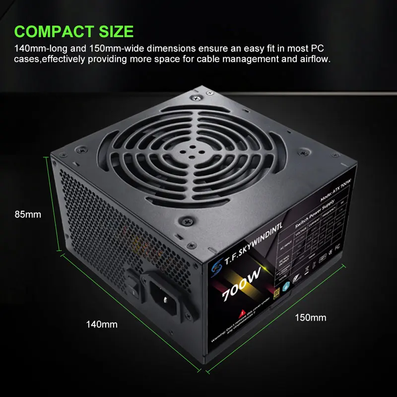 T.F.SKYWINDINTL PC 전원 공급 장치 700 와트 전원 공급 장치 검정색 게임용 조용한 120mm 팬 24핀 12V ATX ??데스크탑 컴퓨터 PSU