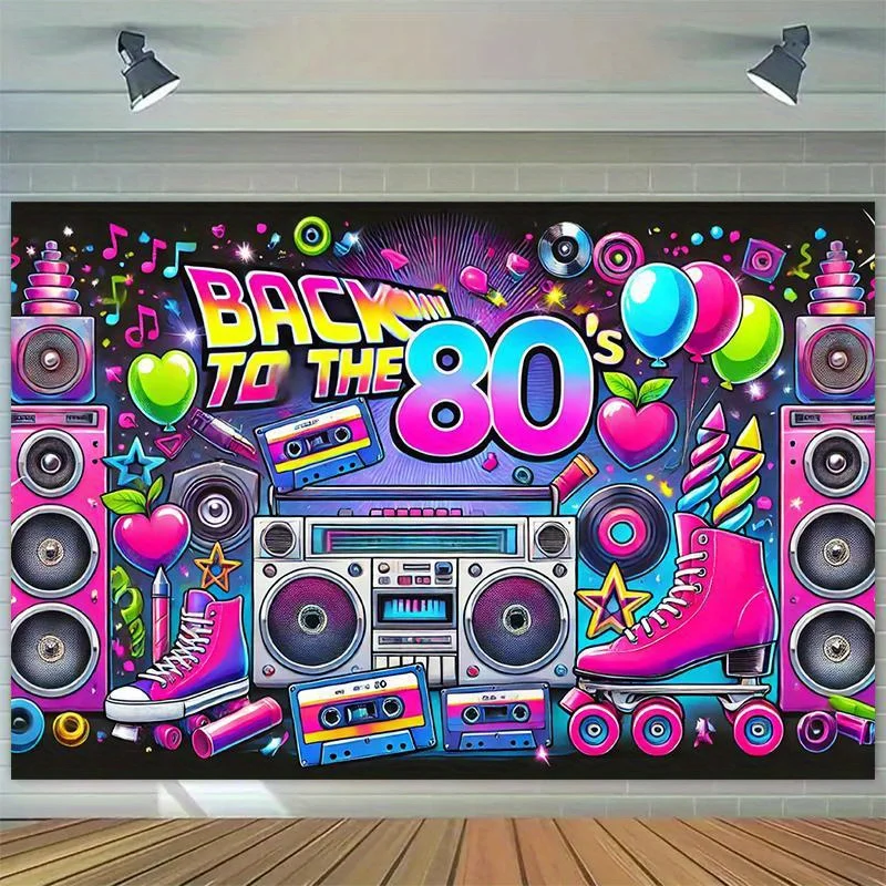 Retro-Partyhintergrund der 80er Jahre – Polyesterhintergrund, Neonlichter, Bänder, Verstärker und Text „Zurück in die 80er Jahre“ – Detail 6