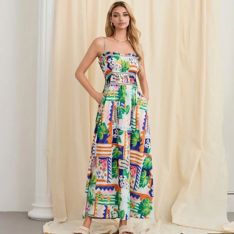 

WPNAKS Women Long Camisole Dress Evening Party Summer Clothes Sleeveless Open Back Low Cut Floral Beach Dresses Holiday Wear