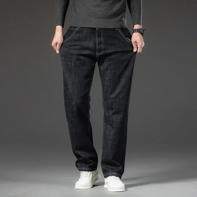 Denim Pants Denim Trousers Men's Fleece Jeans Winter New Plus Size 44 46 Thick Warm Straight Stretch Male Business Casual Work Denim Thicken Trousers