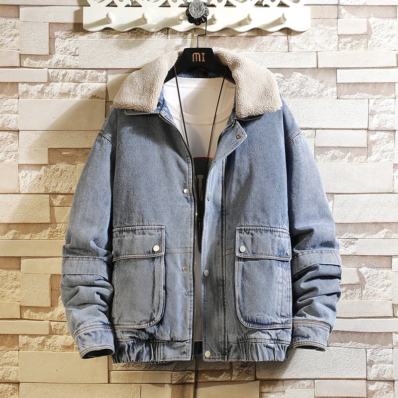 

Men Black/Blue Winter Jean Jackets Outerwear Oversized Warm Denim Coats Casual Denim Coats Unisex Multi-pockets Cowboy Clothing