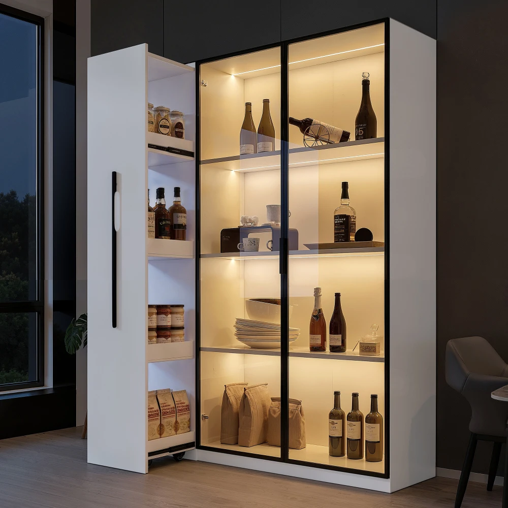 110,5×35×160 cm große Multifunktionsvitrine mit Glastür und LED, Seitenschublade, Bücherregal, Badezimmerschrank, Wohnzimmerschrank – Detail 21