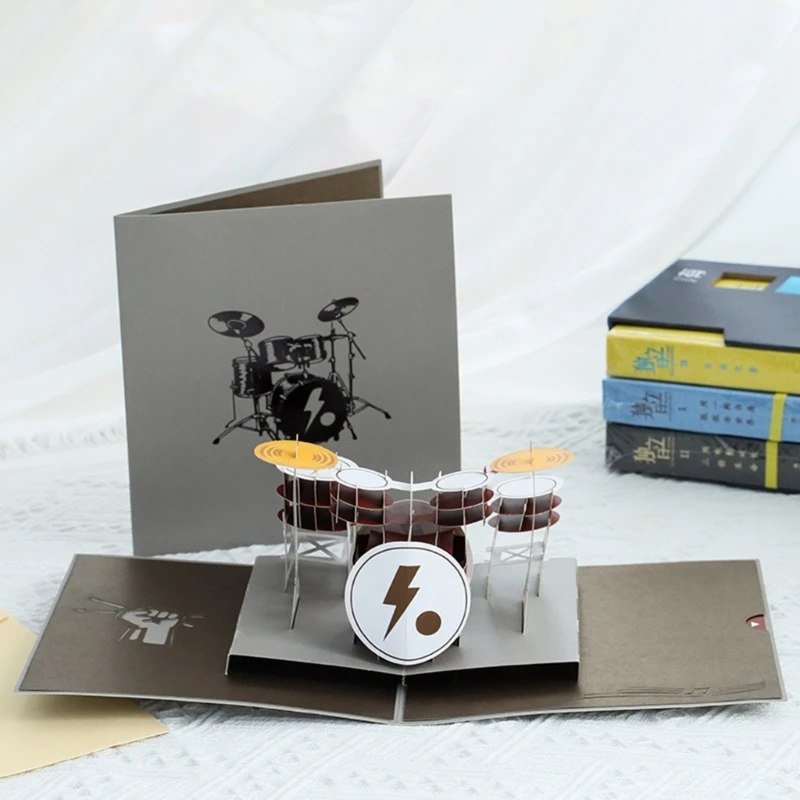 3D Instrument Drum Greeting Card with Envelope Surprise Mysterious Paper Cards for Children Kids Girl Boy