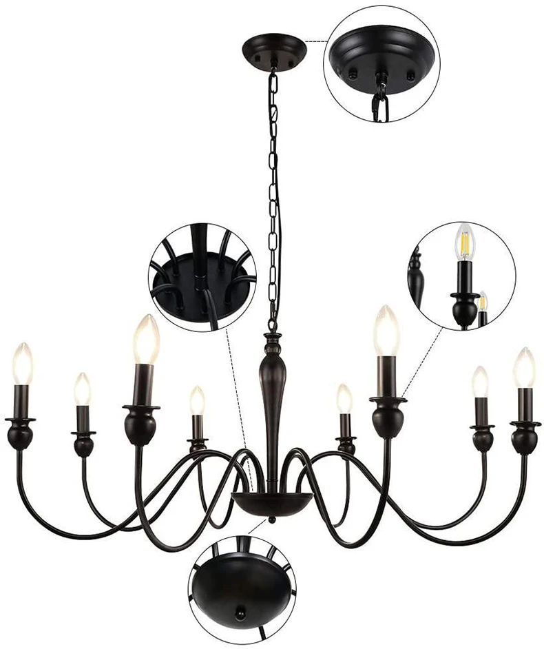 American Country Style Chandelier Black E14 Candle Lamp Retro 6 Heads/8 Heads Suitable for Dining Room Bedroom Living Room outdoor pendant lighting