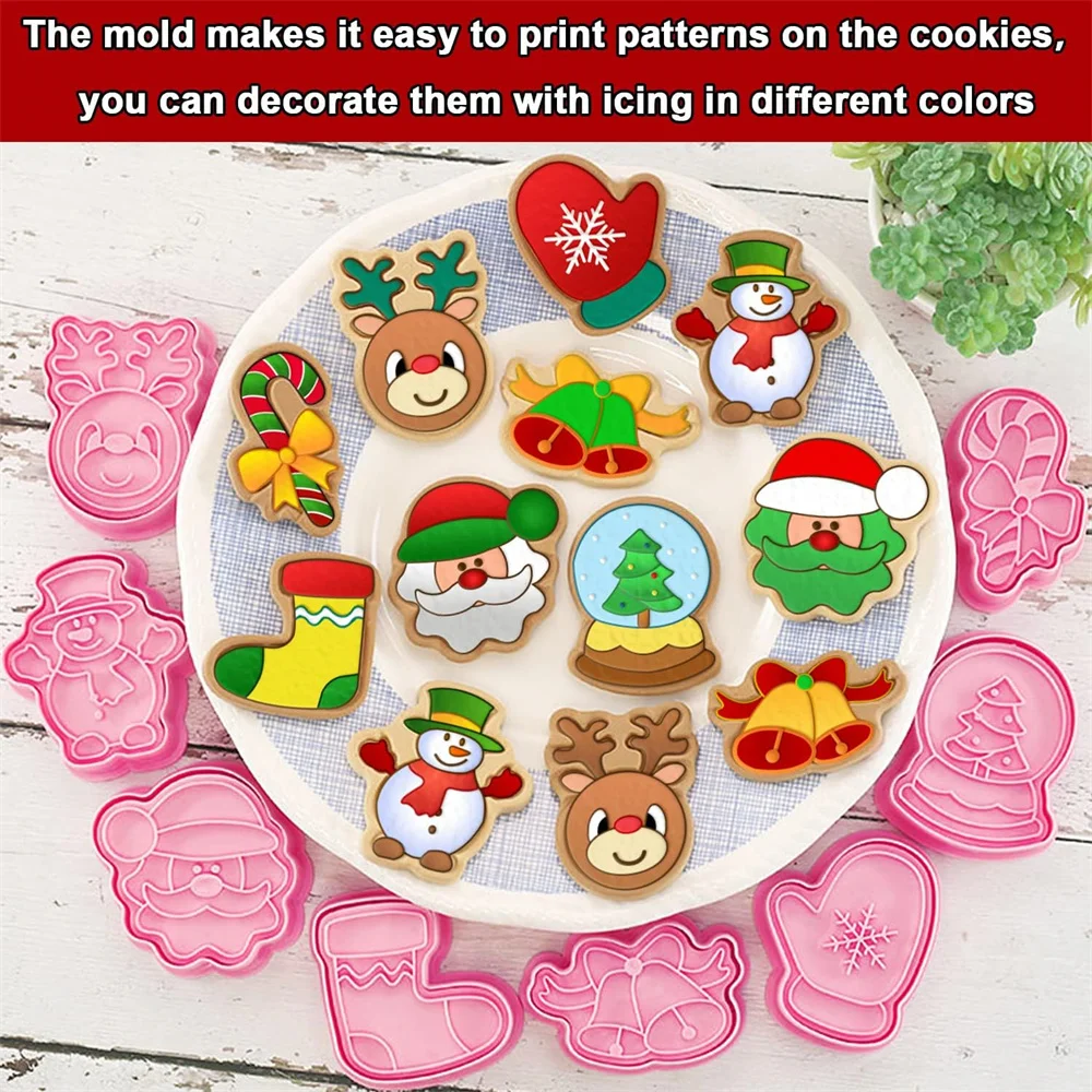 8 PCSChristmas Cookie Molds Christmas Dough Stamps Plastic 3D Cartoon Pressable Cookie Molds DIY Candy Baking Pastry Decoration