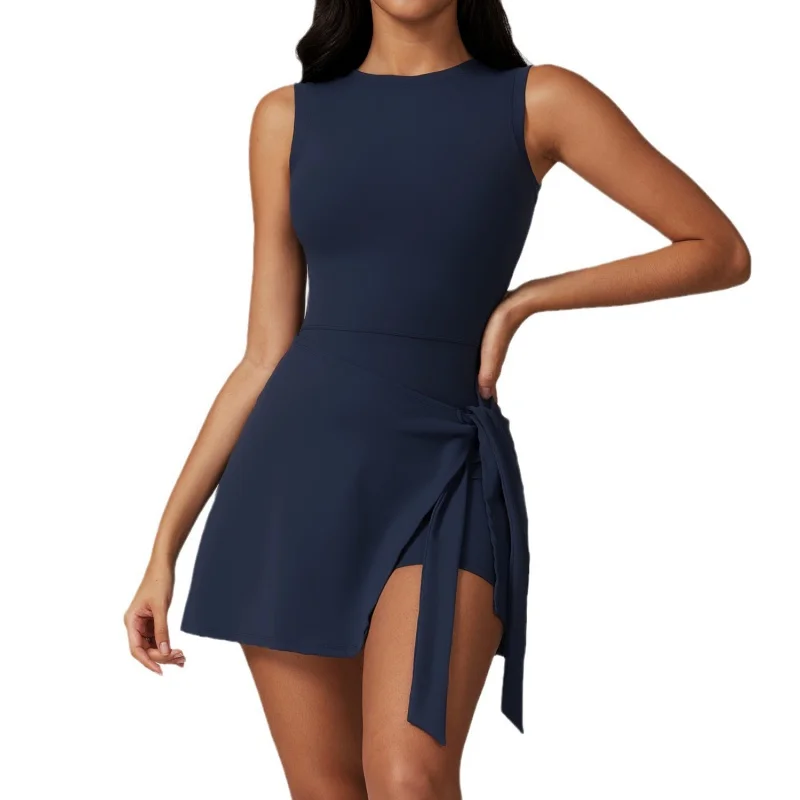 ZC-Fake Two-Piece Anti-Exposure Tight Sports Dress Slimming Lace up Leisure Workout Beauty Back Yoga Tennis Skirt 8793