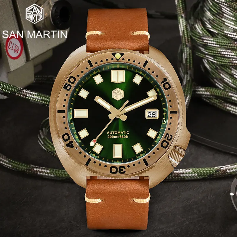 

San Martin New 44mm Abalone V4 Turtle Solid CUSN8 Bronze Vintage Diver Men Mechanical Watch 20Bar Luminous Leather Strap Relojes