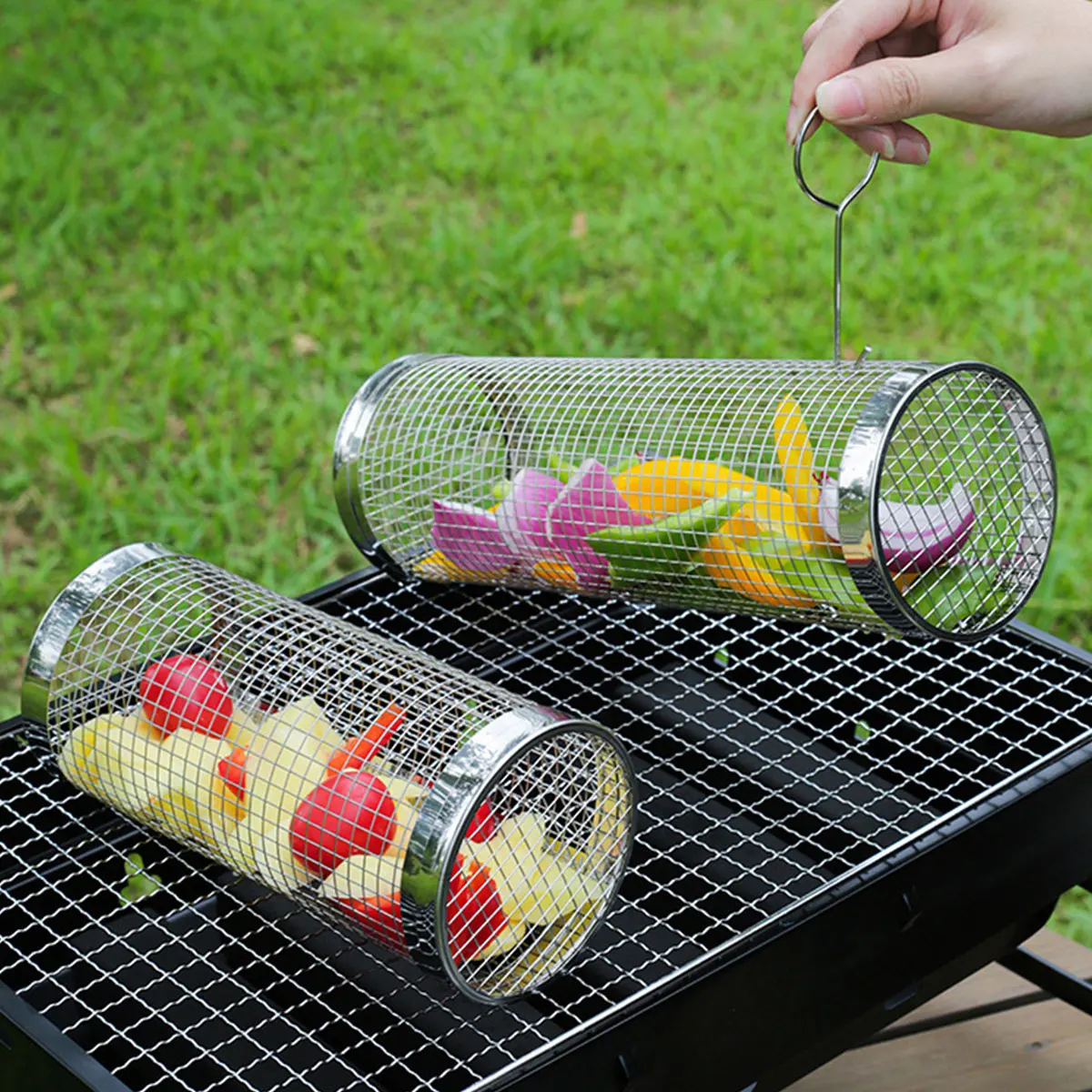 2pcs BBQ Basket Round Grill Cage Portable Rotating BBQ Net for Outdoor Cooking 2 Sf0f5e46c6ebf4e89a800105c49707908U