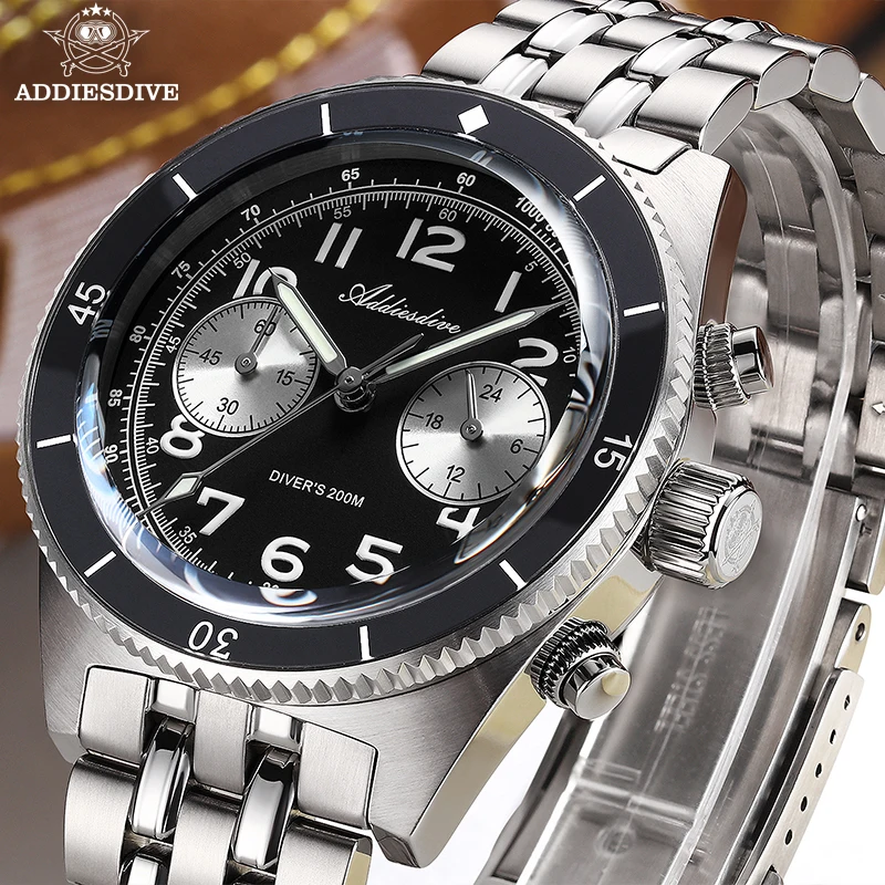ADDIESDIVE Men Watch Pilot Chronograph Panda Wristwatch Quartz Sapphire Bubble Mirror 200m Waterproof BGW9 Luminous 41mm Watch