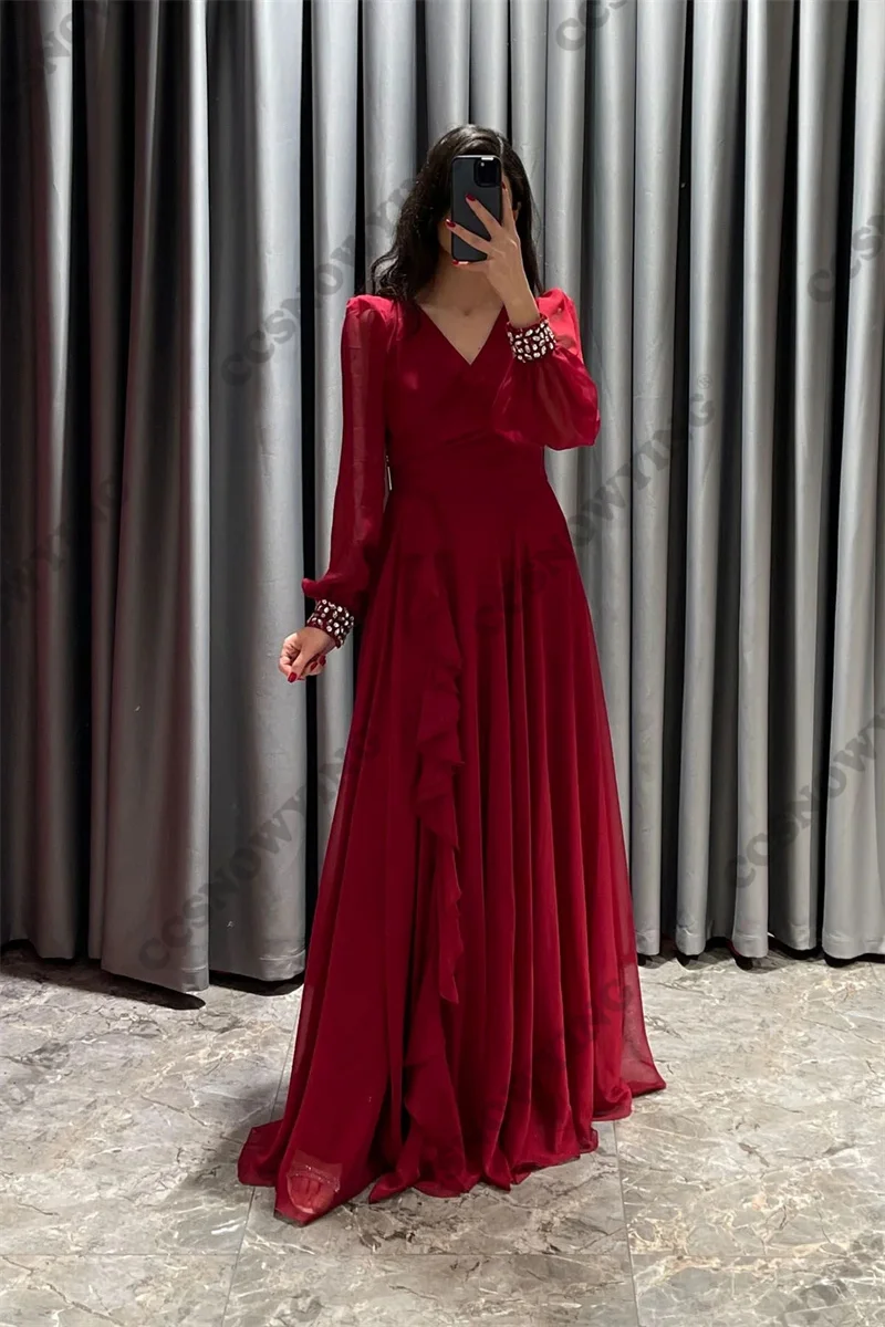 

Chiffon Cuff Appliques Beaded Muslim Evening Dresses Long Sleeve Islamic Formal Party Gowns V Neck Women Arabic Robes De Soirée