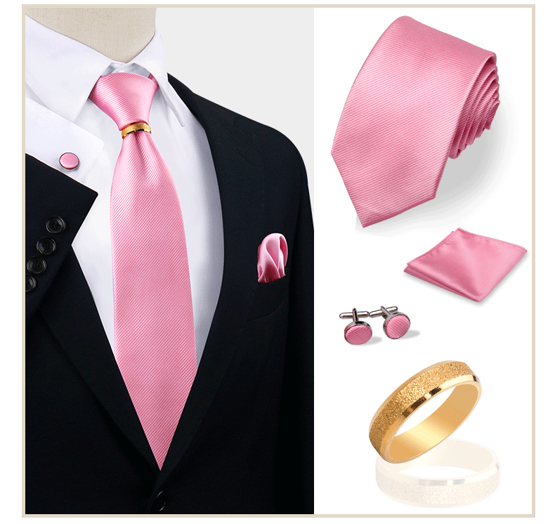 Luxus-Krawattenset in Uni-Farbe für Herren, Krawatte, Taschentuch, Manschettenknöpfe mit goldenem Metallring, Brosche, Anzug, Hochzeit, Herren-Accessoires – Detail 22