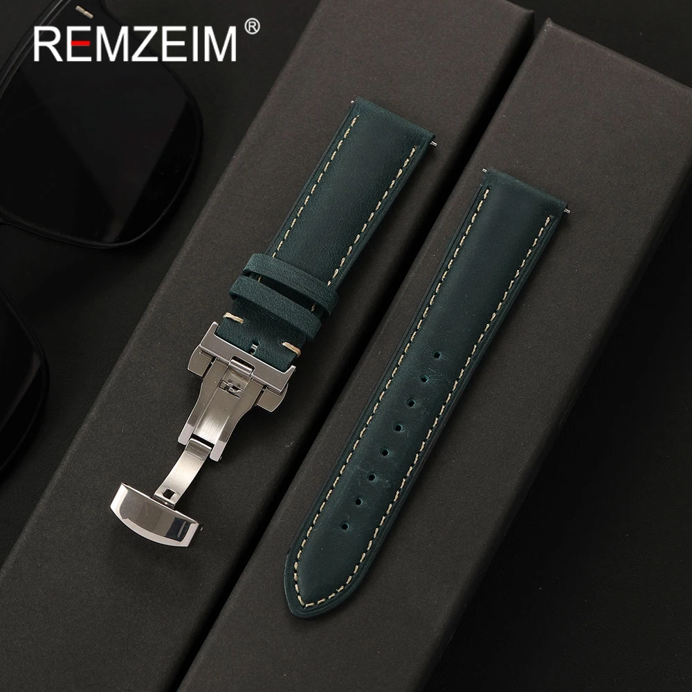 Men's Premium Crazy Horse Leather Watch Band with Quick Release Butterfly Clasp