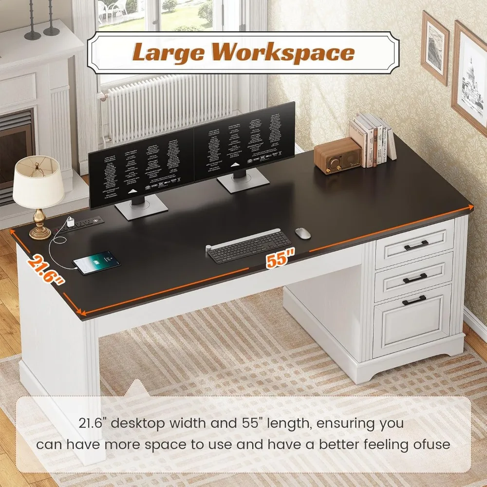 Office Desk, 55" Executive Computer Desk, 3 Drawers, Farmhouse Style, Power Outlet 6